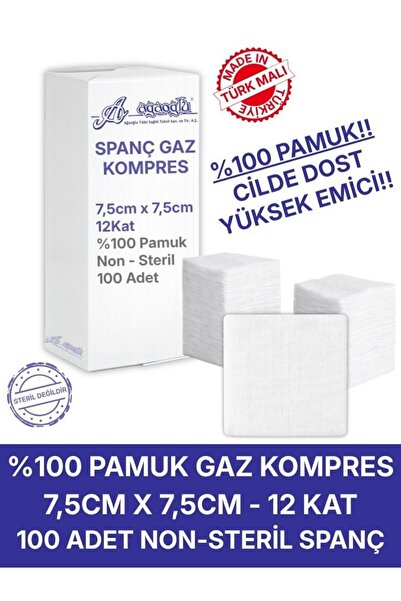 Alban Spanç Gazlı Bez 7,5x7,5cm 12 Katlı 100 Adet - Yüksek Emici, Yapışmayan,...