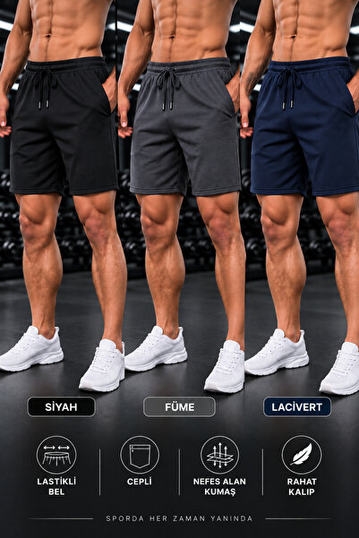 TREND ALİSSE 3-Pack Men's Coll Bermuda Summer Shorts Black Navy Blue Smoked