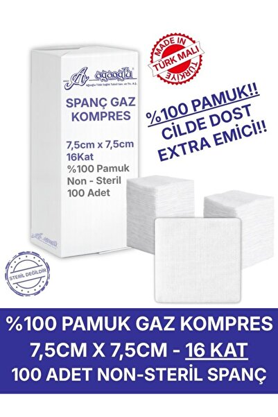Alban Ağaoğlu Spanç Gazlı Bez 7,5x7,5cm 16 Katlı 100 Adet - Yüksek Emici, Yap...