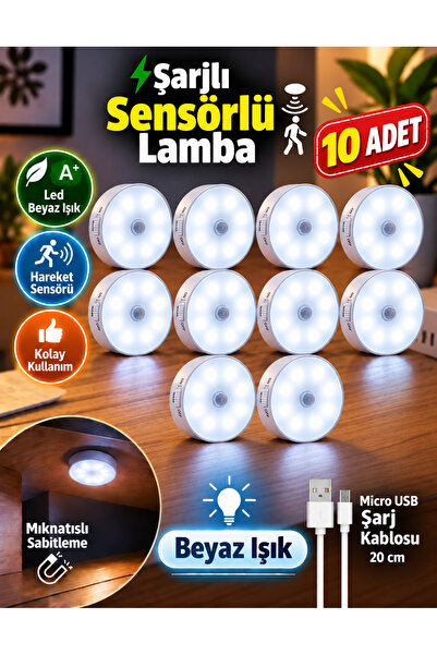 Unichrome 10 Adet Hareket Sensörlü 8 Ledli Usb Şarjlı Beyaz Led Işık On/auto/...