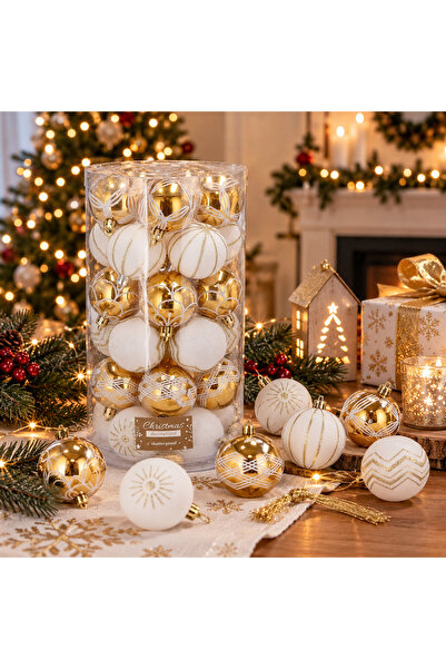 SERSIMO Set globuri de Crăciun cu modele festive, 30 bucăți, 5 cm, aur alb
