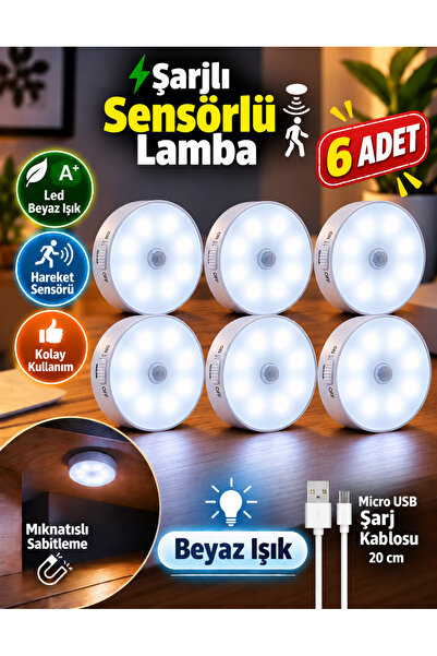 Unichrome 6 Adet Hareket Sensörlü 8 Ledli Usb Şarjlı Beyaz Led Işık On/auto/o...