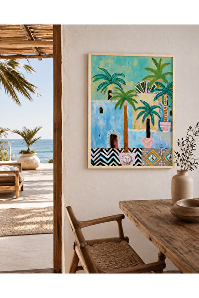 Boho wellness studio Çerçeveli MDF Akdeniz Evleri Duvar Tablosu – Coastal Boh...
