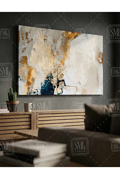 SML TABLO Soyut Sanat Altın Dokular Mavi Turkuaz Krem Tekstüre Modern Sanat Y...