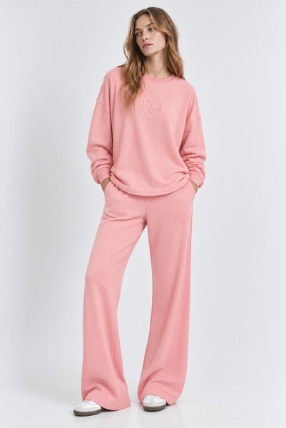 UCLA Elowen Pink Crew Neck Seersucker Print Loose Fit Women's Sweatshirt