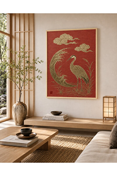 Boho wellness studio Çerçeveli MDF Altın Turna Kuşu Duvar Tablosu – Japon Sanatı