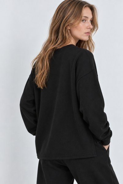 UCLA Elowen Black Crew Neck Seersucker Printed Soft-Textured Modal Fabric Loose Fit Women's Sweatshirt