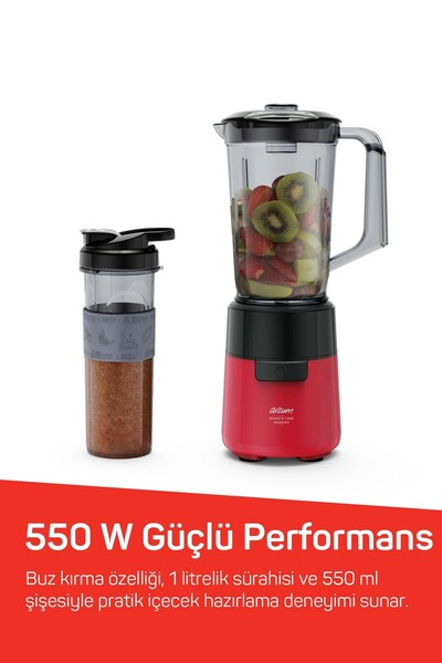 Arzum AR1196 Shake'N Take Megamix Sürahi Blender 550W, 1L Sürahi, 550 ml Taşınabilir Şişe, Kırmızı
