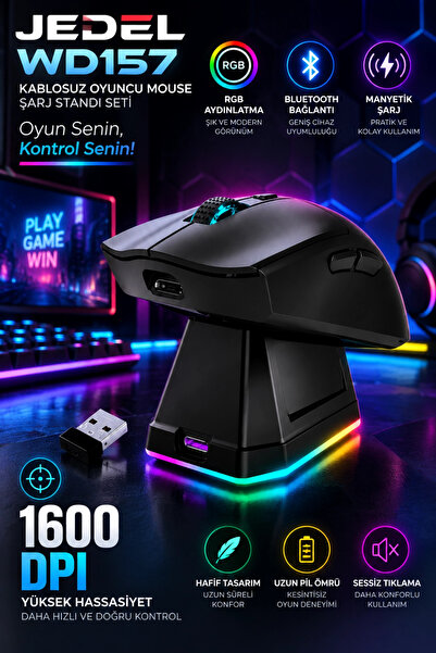 Blackbird Game Center Jedel WD157 1600 DPI Bluetooth + 2.4GHz Kablosuz Oyuncu Mouse Şarj Standı Seti