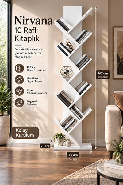 PDMPOİNT DOLAP MARKET Nirvana 10 Raflı Kitaplık - Beyaz