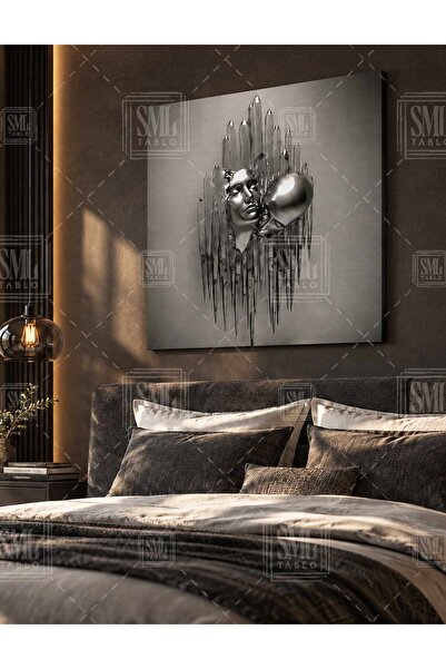 SML TABLO Sarılan Metal Romantik Çift Aşk Gümüş Aşıklar Kare Kanvas Tablo