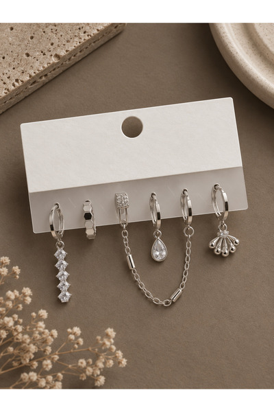serelya Silver Color Brass Zircon Stone Detailed 6-Piece Earring Combination Set