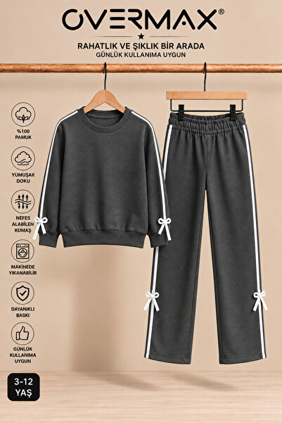 OVERMAX Girl's Striped and Bow Detailed Tracksuit Set – Ages 3-12