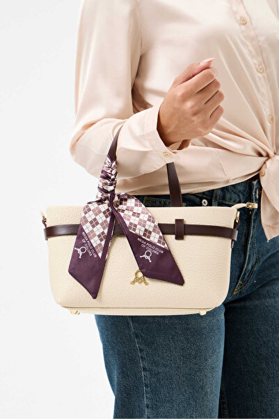 Çanta Trend Cream Women's Scarf Detailed Handbag