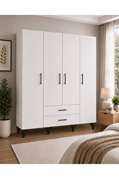 TRNHOME Luna 4 Kapak 2 Çekmeceli Gardırop 160x195x50 cm – Beyaz Çok Amaçlı El...