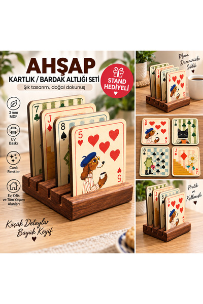 kids town Retro Playing Card Themed Mdf Coaster Set of 4 – Uv Printed Decorat...