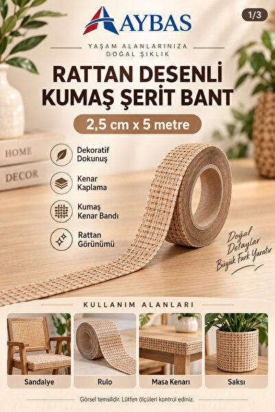 Aybas 2,5 cm x 5 Metre Rattan Desenli Dekoratif Şerit – Kendinden Yapışkanlı ...