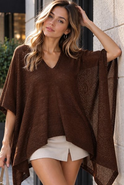 Devinka Women's Silvery Asymmetrical Transparent Flowy Knitwear Cape Poncho Brown