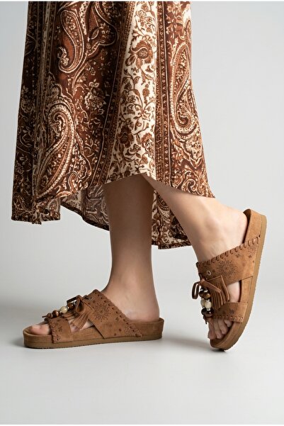 walviss Women's Vinza Genuine Suede Leather Tasseled Tan Slippers