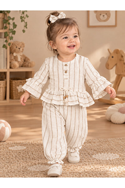 Sönmez Baby SPANOLE SİMLİ ÇİZGİLİ BOL TASARIM PAMUKLU MEVSİMLİK İKİLİ KIZ BEB...