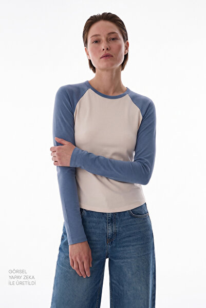 Penti Mavi Raglan Contrast Uzun Kollu Bluz
