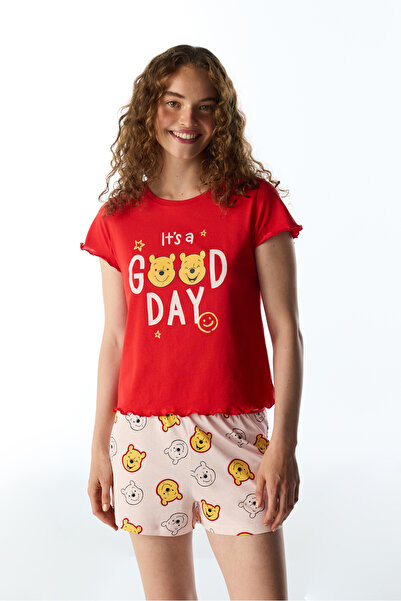 Penti Red Good Day Bear Patterned Short Sleeve Shorts Pajama Set