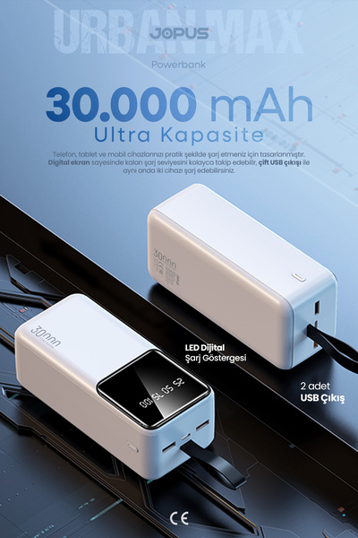 Jopus 30.000 mAh Powerbank LCD Ekranlı Taşıma Askılı Güçlü Taşınabilir Batary...