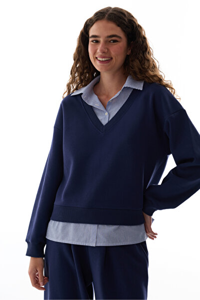 Penti Lacivert Gömlek Katmanlı Polo Yaka Sweatshirt