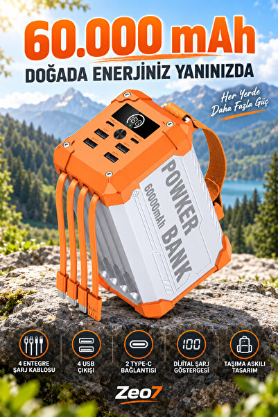 Zeo7 60.000 mAh Powerbank 22,5W Hızlı Şarj, 4 Dahili Kablo, LED Kamp Işığı, Ç...