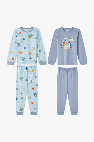 Penti Erkek Çocuk Mavi Mini Dragon Riders Pamuklu Uzun Kollu 2'li Pijama Takımı