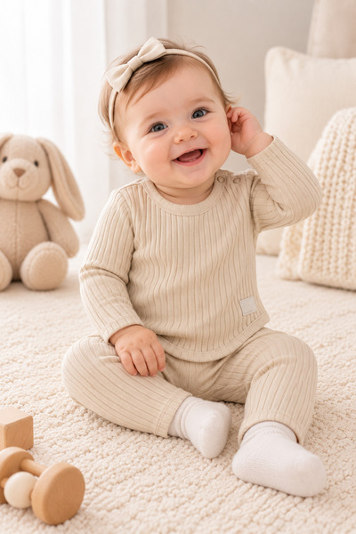NOTA KİDS Baby Girl 100% Cotton 3-18 Months Beige Color Top and Bottom Set