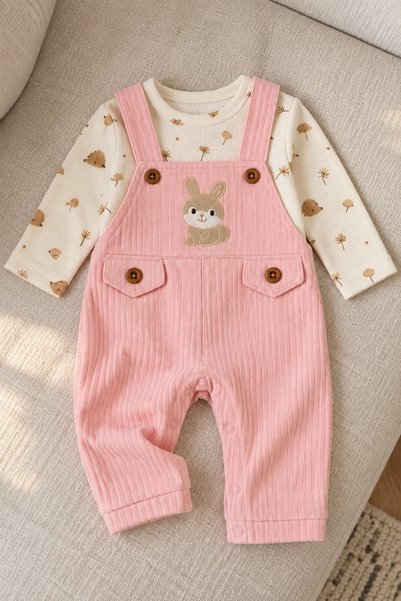 METEOR BABY Baby Girl Salopetli 3-Piece Set with Rabbit Embroidery Seasonal B...