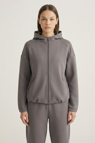 Grenj Fashion Anthracite Soft Textured Fabric Hooded Knitted Sports Jacket