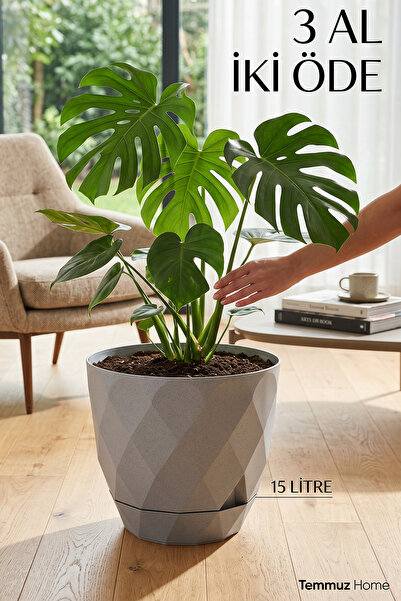TEMMUZ HOME 15 Litre Dekoratif Prizma Desenli Büyük Boy Tabaklı Plastik Saksı...