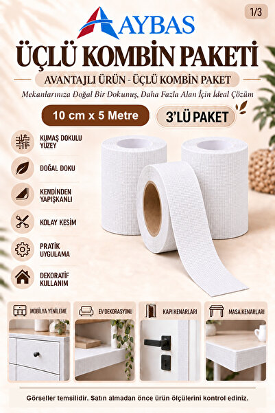Aybas 10 cm x 5 Metre 3'lü Beyaz Kendinden Yapışkanlı Ahşap Desenli Kumaş Fol...