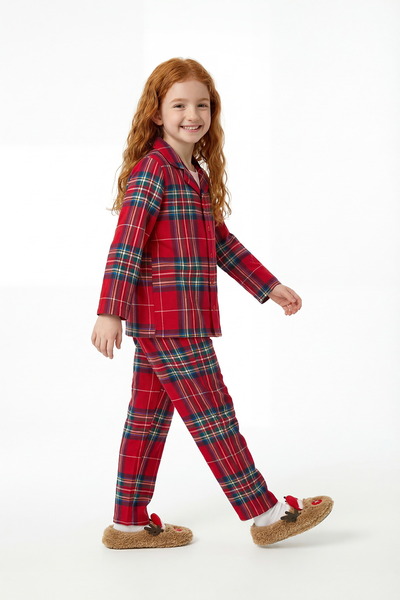 Penti Set de pijamale din bumbac, roșu, unisex, pentru copii, în carouri închise la culoare, cu mânecă lungă și nasturi