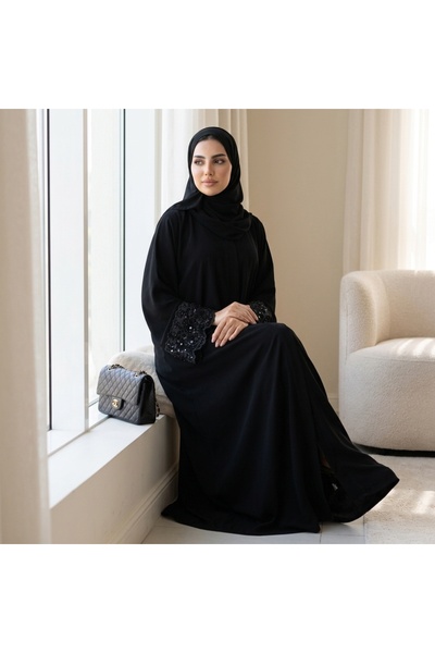lutezi عباية لفتة نسائية بقصة نص كلوش - قماش لمار - إغلاق طقطق مخفي - لون أسود
