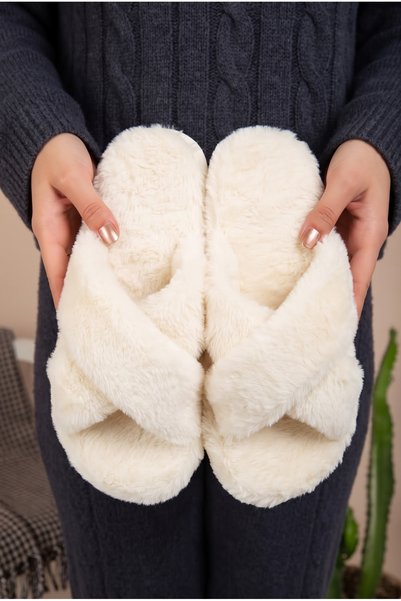 Nmoda Ekru Kadın Ev Terliği Peluş Terlik Çeyiz Terliği Bohça Terliği