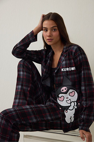 Penti Black Kuromi Printed Checkered Oversized Cotton Long Sleeve Shirt Pajam...