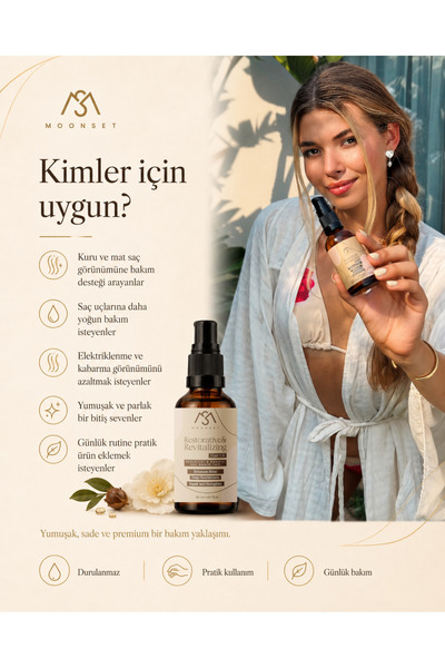 moonset Saç Bakım Yağı – Bitkisel Yağlar Ve E Vitaminli Onarıcı Bakım Yağ Karışımı (50 ml)