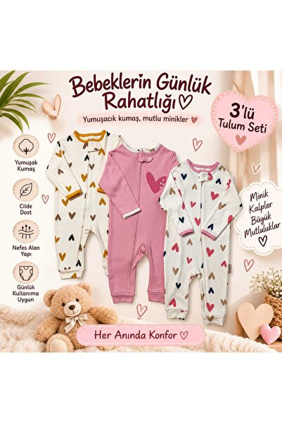 Derin Bebek Giyim FERMUARLI KALPLİ 3LÜ KIZ BEBEK TULUMU