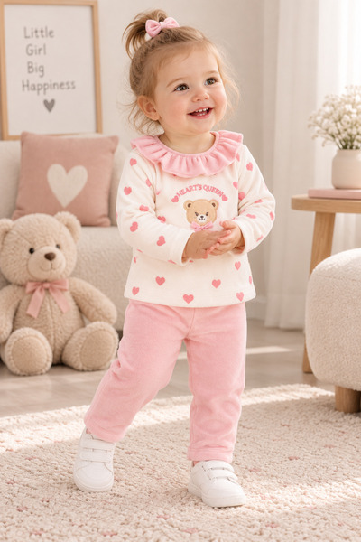 NOTA KİDS Baby Girl Velvet Bear Printed 2-Piece Set – Long Sleeve Top with He...
