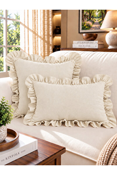 Decamor home غطاء وسادة مزين بالكشكشة من اللؤلؤ العتيق بلون عاجي، قطعة واحدة