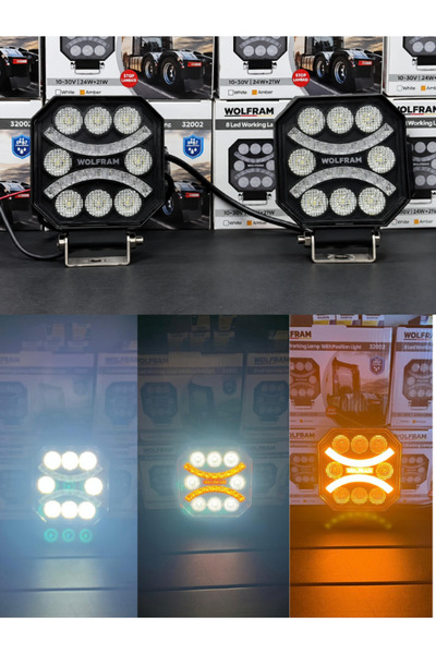 WOLFRAM 8 Led Emojili E Belgeli Çalışma Lambası 12-30V 45W Off Road 2 Adet Tr...