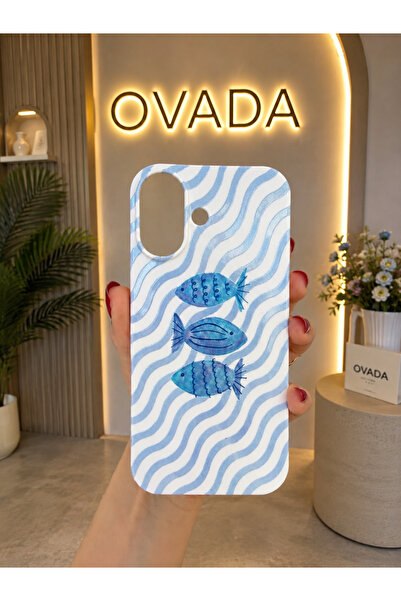 OVADA İphone 17 Uyumlu Mavi Balık Desenli Kadife Soft Telefon Kılıfı