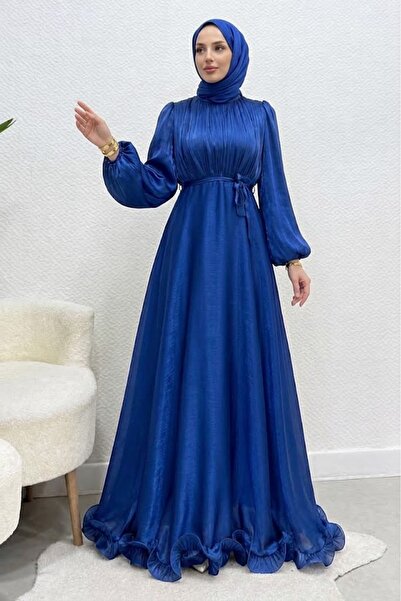 Tesettür Diyarı Feray Six Ruffled Janjan Fabric Hijab Evening Dress - Navy Blue