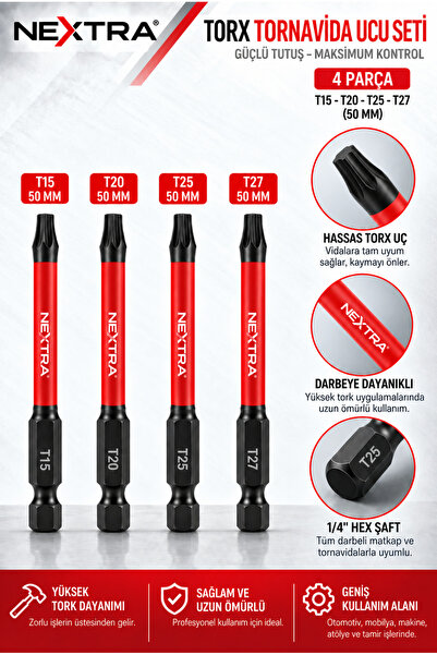 NEXTRA 4’lü Darbeli Torx Tornavida Ucu Seti T15 T20 T25 T27 x 50 mm – 1/4” He...