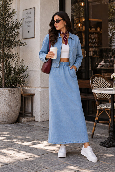 Kadın Açık Mavi Denim Ceket Etek Takım Kot Takım