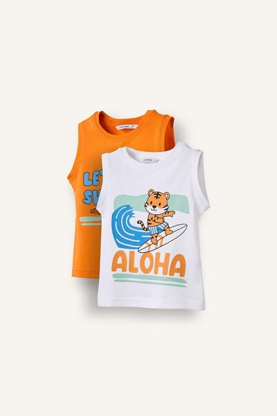 DeFacto Crew Neck Animal Patterned 2-Piece Orange Undershirt Baby Boy G9958A5...
