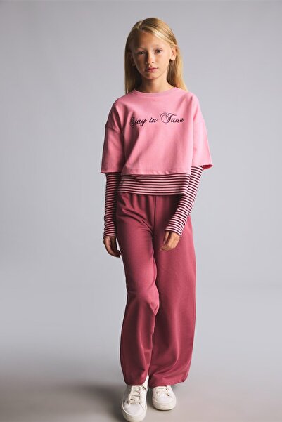 DeFacto Crew Neck Sweatshirt Top Wide Leg Sweatpants 2-Piece Set Girls I7951A...